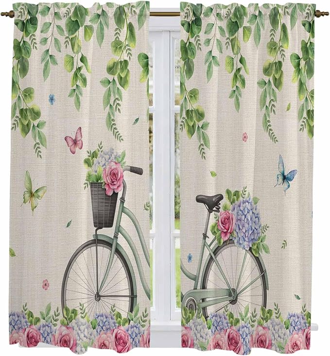 Farmhouse Spring Kitchen Curtains, Retro Bicycles Flowers Vines Butterfly Light