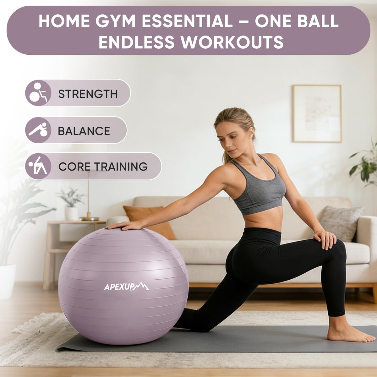 APEXUP Yoga Ball, 660 lbs Anti-Burst Exercise Ball with Pump, 5 Sizes (L (23"~26") 65cm, Mauve)