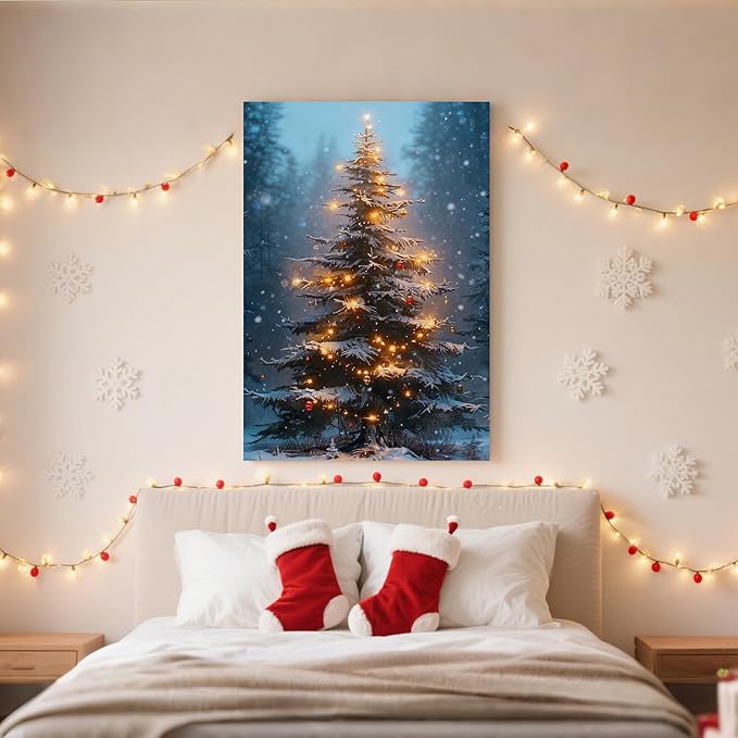 Framed Christmas Pictures Wall Decor,Vintage Pine Tree Prints,Winter Christmas Canvas Wall Art Decoration for Bedroom Bathroom Living Room Rustic Xmas Holiday Gifts (Christmas Tree 3, 16'' X 24'')