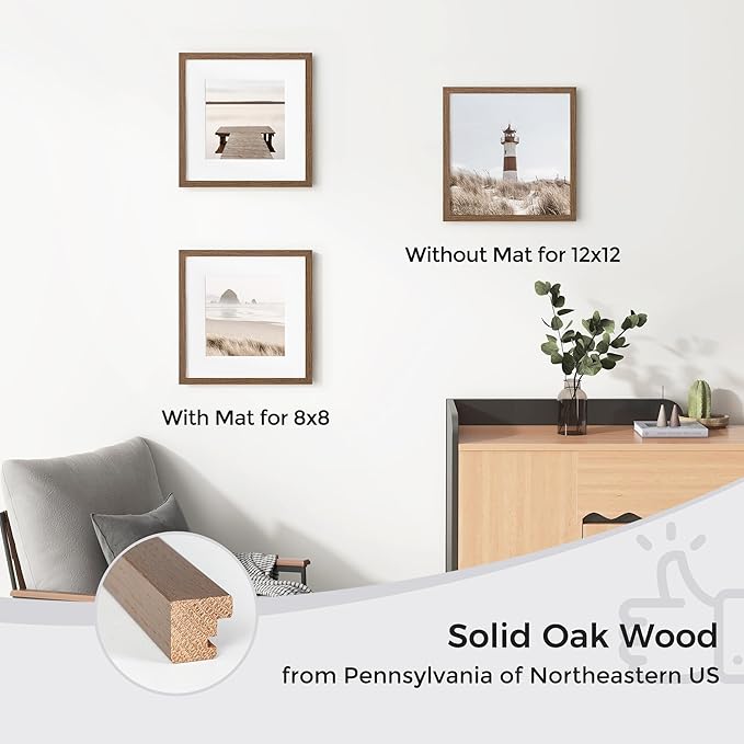 Axeman 12x12 Picture Frame with Mat for 8x8, Solid Oak Wood Square Picture Frame with Tempered Glass, Natural Wooden 12x12 inch Photo Frame for Wall Home Decor Art Photo and Prints, Set of 2, Walnut