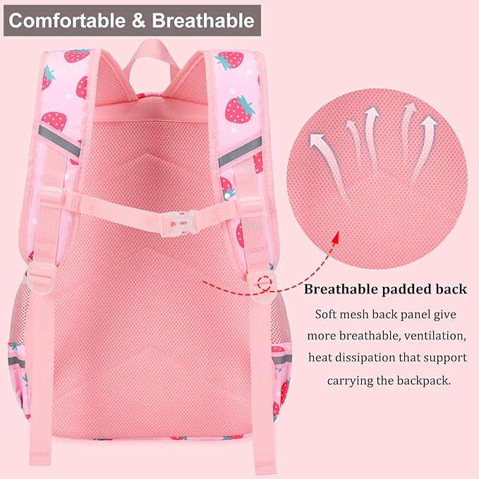 DSIUE Kids Backpack for Girls Elementary BookBags Teens School Backpack with Lunch Box Strawberry Pink