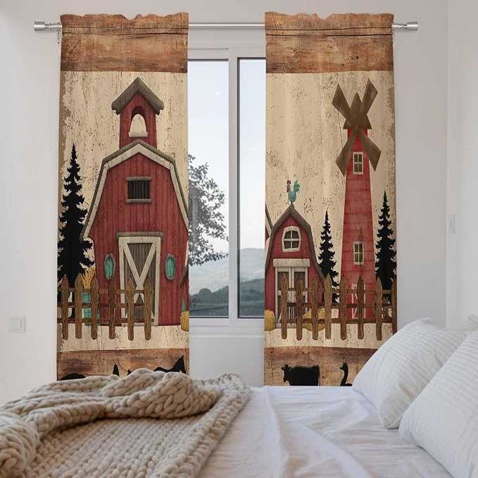 Brown Farmhouse Kitchen Curtains, Vintage Country Animals Wooden Grain Light