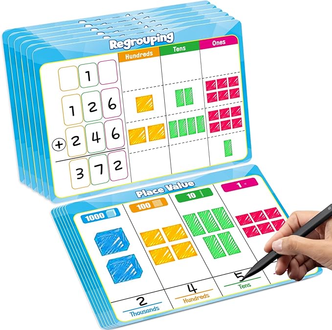12 Pack Place Value Dry Erase Flash Cards Chart, 9" x 12" Base Ten Addition and Subtraction Math Manipulatives 1st 2nd 3rd Grade Classroom Must Haves Teacher Homeschool Supplies Essential