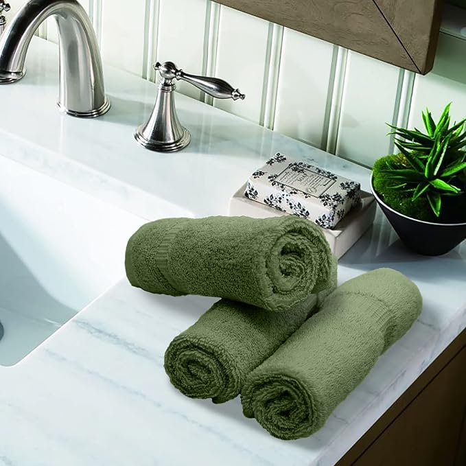 Luxury Hotel & Spa Collection, 100% Turkish Cotton 700 GSM Cloth, for Body wash, Makeup Remover & Facial Cleaning, Baby, face, Dobby Border Soft washcloths Towel Set 13" X 13", Moss, Set of 12