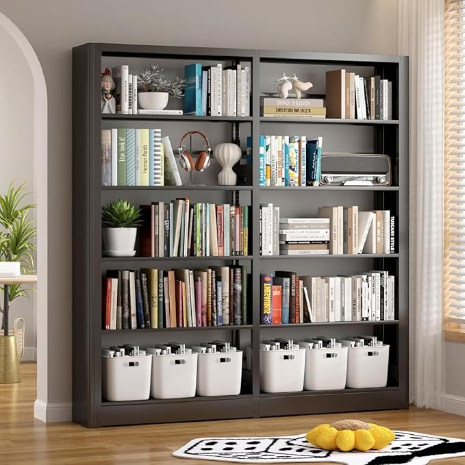 Heavy Duty 5-Tier Metal Bookshelf, Industrial Wide Book Shelf with Adjustable Shelves, 280lbs Shelf Capacity, Large Office Bookcase, Display Book Organizer for Living Room Bedroom Library -2Pcs,Black