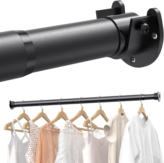 Supforce Closet Rods for Hanging Clothes, 17 to 28 Inches Stepless Adjustable Metal Closet Rod, 1.3 Inches Heavy Duty Clothes Hanging Rod for Closet Wardrobes Laundry RV, Black