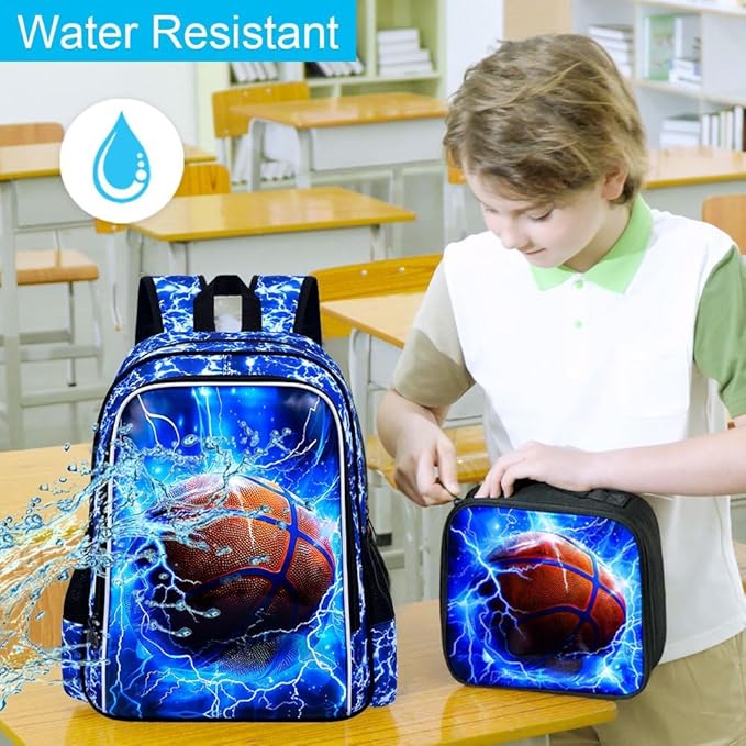 KLFVB 3PCS Boys Backpack, 17" Kids Bookbag and Lunch Box, Water Resistant Teenagers School Backpacks for Middle Elementary - Lightning Basketball