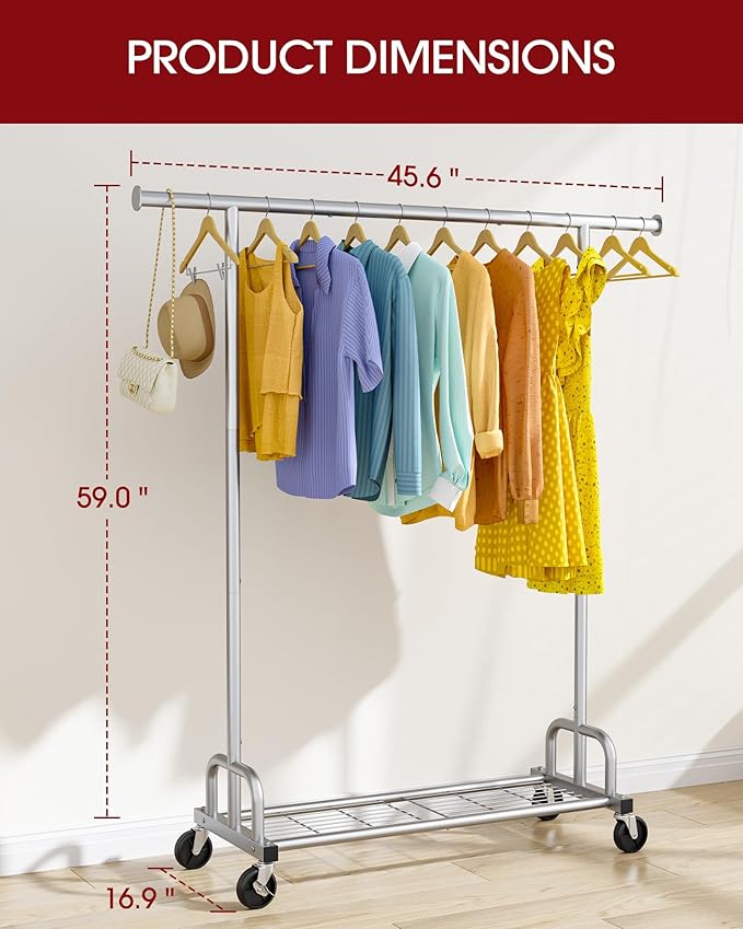 Sakugi Clothes Rack - Large-Capacity Clothing Racks for Hanging Clothes with Lockable Wheels, Space-Saving Metal Coat Rack for Bedroom, Laundry Room, Entryway, 45.6" x 16.9" x 59", Silver