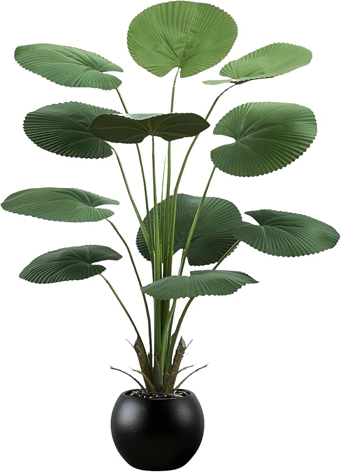 Artificial Fan Palm Tree: 5FT Fake Licuala Ruffled Fan Palm Plant Faux Tropical Plant Realistic Tall Floor Tree in Black Egg-Shaped Pot for Home Decor Office Patio Hotel Garden Indoor Outdoor