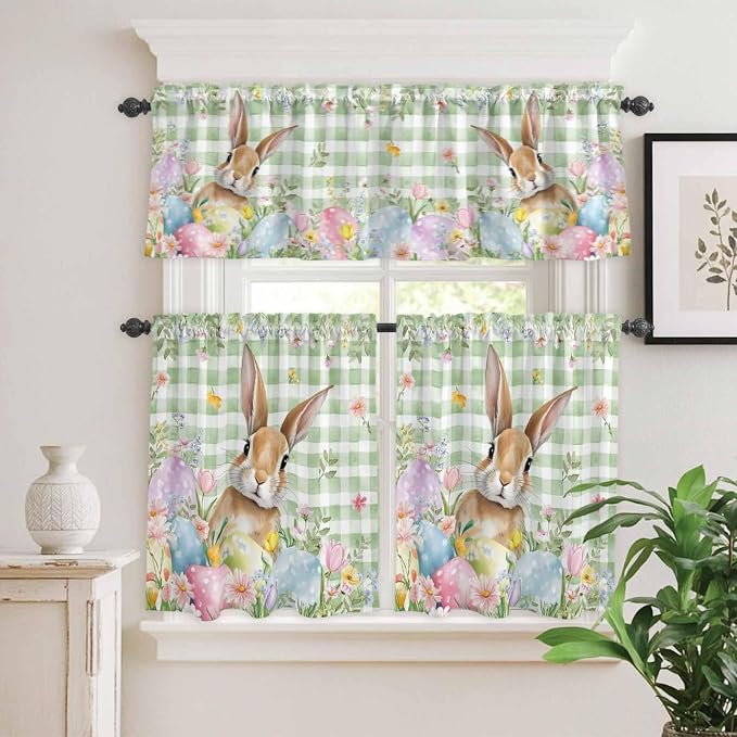 Kitchen Curtains Tiers and Valance Set of 3, Easter Light Filtering Window