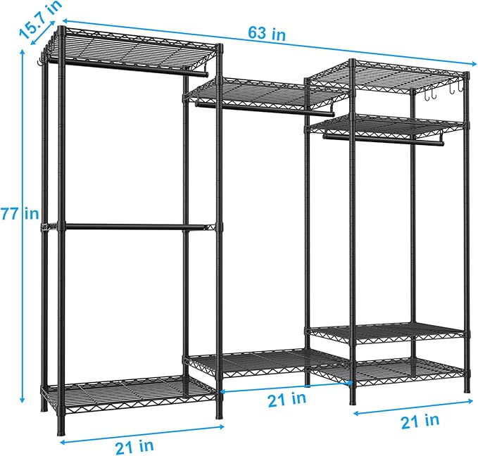Ulif E13 Heavy Duty Clothes Rack（With 4 Hanger Rods & 8 Shelves） Freestanding Clothing Racks for Hanging Clothes，Adjustable Closet Organizer，Metal Garment Rack 63" W x16 D x77 H，Max Load 900LBS，Black