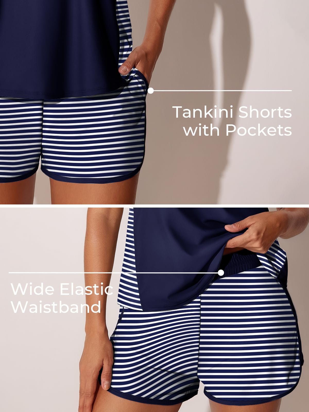 Summer Mae Blouson Tankini Swimsuits for Women 2026 Tummy Control Two Piece Bathing Suits with Sporty Pockets Swim Shorts Blue and White Stripes Size 10