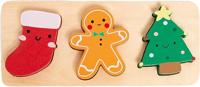 Pearhead 3 Piece Wooden Holiday Puzzle, Kids Christmas Toy, Puzzle Stocking Stuffer, Christmas Toys for Children, Holiday Toy Ideas, 3 Piece Set