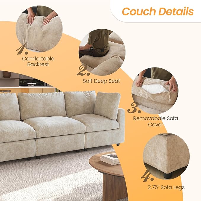 JACH 134" Sectional Couches for Living Room, 4-Seater Convertible Modular Sofa, Cloud Sectional Couch, Sofa Covers Washable, Minimalist Modern Couch for Living Room, Apartment, Khaki