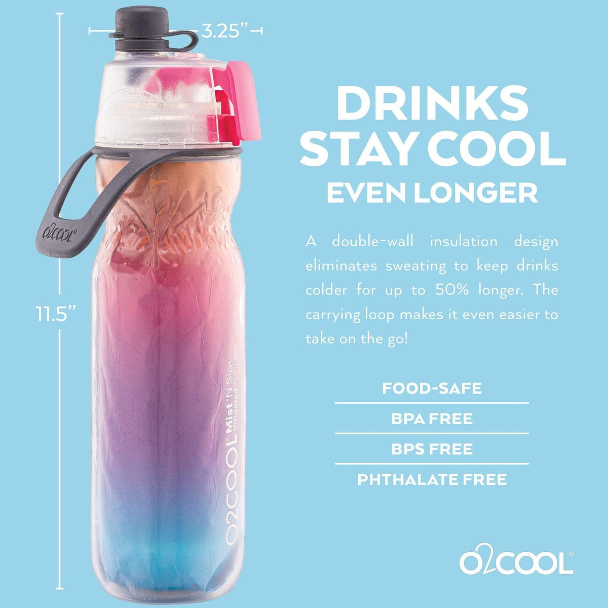 O2COOL Mist N Sip 20 oz Misting Reusable Sports Water Bottle Red Ombre