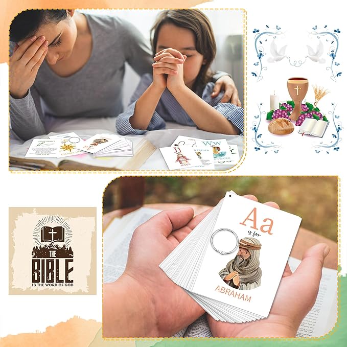 Skyygemm 26 Pcs Bible ABC Flash Cards Christian Bible Verse Alphabet Cards KJV Version Religious Scripture Memory with Stainless Steel Ring for Preschool Sunday School Toys Basket Suffers