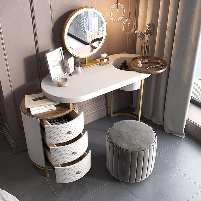 Setawix Vanity Desk with Mirror 43 Inches Makeup Table Set with LED Lighted Mirror and Storage Dressing Table with Movable Tray Top and 3 Solid Wood Drawers for Women and Girls, No Stool (White)