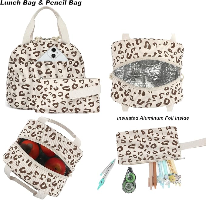 Corduroy Girls Backpack Set, 3PCS School Backpacks for Kids Elementary Middle School Bags with Lunch Box Pencil Case (Beige Corduroy Leopard)
