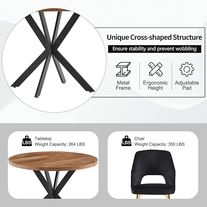 NORDICANA 5-Piece Dining Table Set for 4 - Space Saving 37-Inch Round Table and Chairs, 4 Seaters Dining Set with Upholstered Dining Chairs (Black)