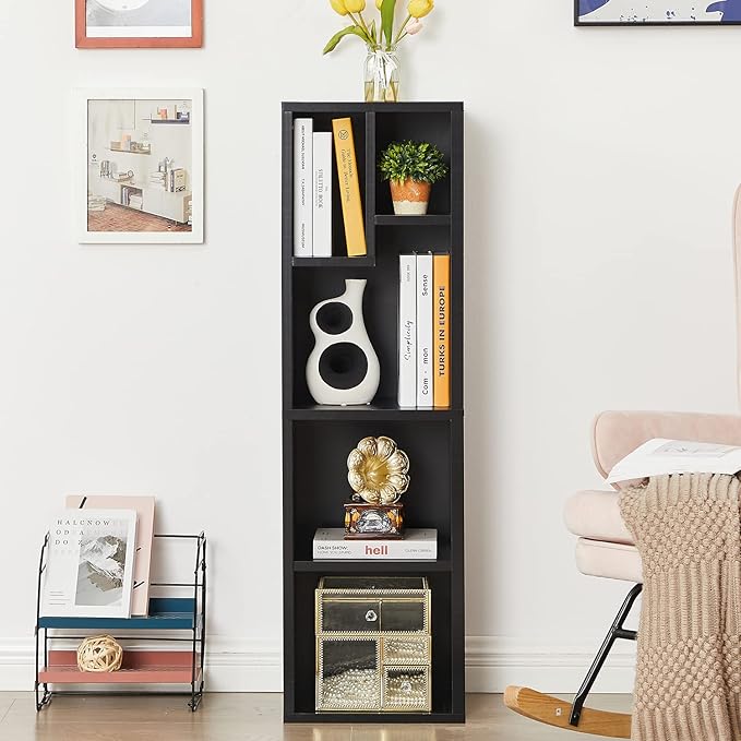 VECELO Small Bookshelf, 5 Cube Slim Bookcase, Fits Tallest Hardcovers, Horizontal Available, Modern Floor Standing Unit, Each Shelf Hold Up to 66 LBS, Black