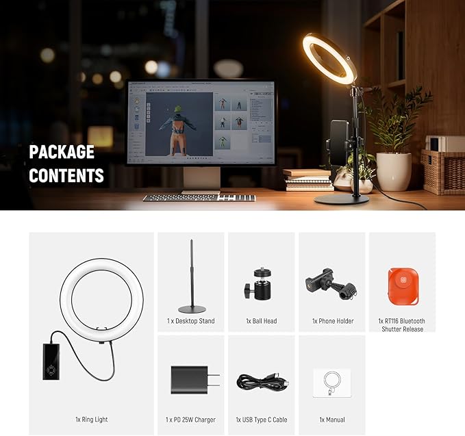 NEEWER 12" 24W High Power Desk Ring Light with Stand/Phone Holder, LED Selfie Video Conference Lighting for iPhone Streaming Makeup Vlog Recording Laptop Computer Webcam Zoom Call Podcast, RH12B