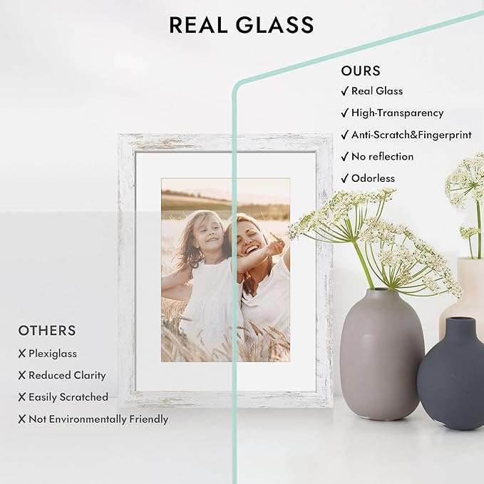 6x6 Picture Frame with Glass, Display Pictures 4x4 with Mat or 6 x 6 without Mat - Wall and Tabletop, 6 by 6 Photo Wooden Frames (Distressed White, 1 Pack)