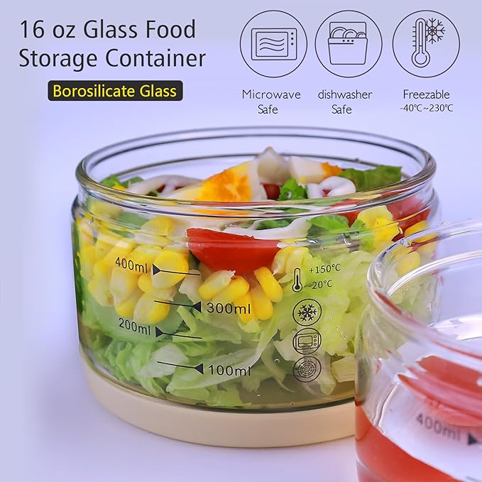 16 oz Glass Container with Silicone Lid, Glass Food Storage Container-Clear