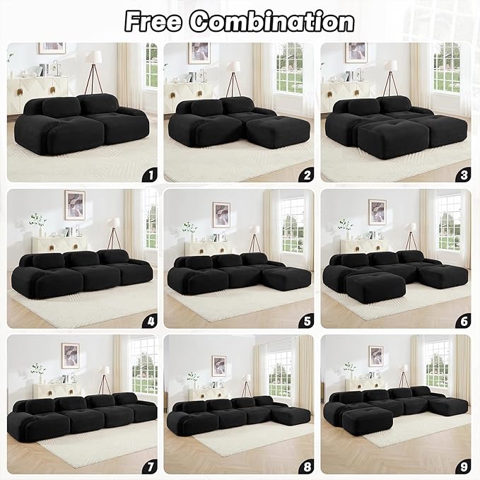 80" Modern Corduroy Boneless Love Seat Couches with 1 Ottoman, 2 Seater Large Sectional Couches for Living Room, Black Cloud Modular Sectional Sofa, Memory Foam, Extra Deep Loveseat, No Assembly