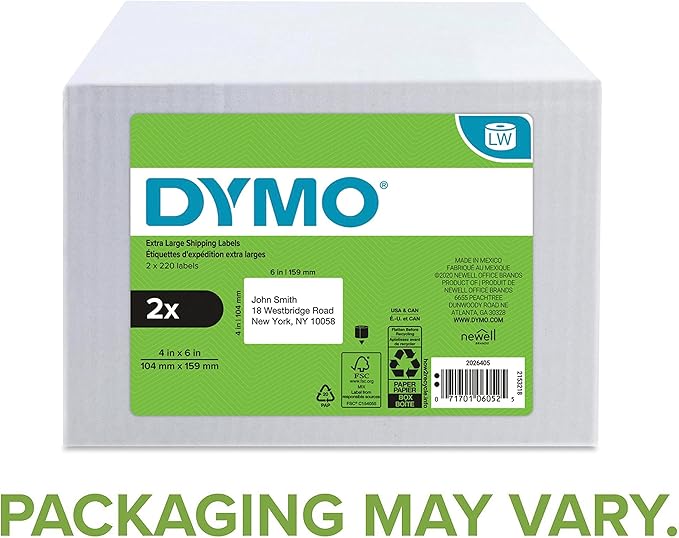 DYMO Authentic LW Extra-Large Shipping Labels for LabelWriter Label Printers, White, 4'' x 6'', 2 Rolls of 220 (440 Total)