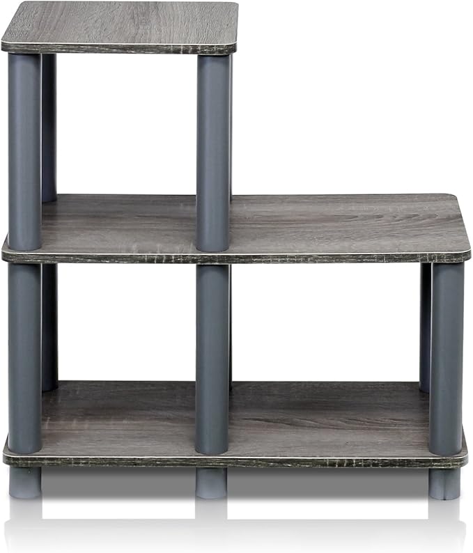 Furinno TURN-N-TUBE Storage Shelves, 2-Tier Ladder Shape Book Shelf with Open Frame Design, 3-Cube Corner Shelf, Toolless Open Shelves, Living Room, Garage, Home Office, Grey