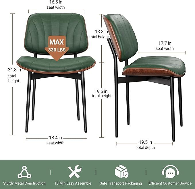 Dining Chairs Set of 8, Mid-Century Modern Upholstered PU Leather Chairs with Walnut Bentwood Back and Metal Legs Adjustable Feet for Kitchen Dining Room, Dark Green Shell Strips
