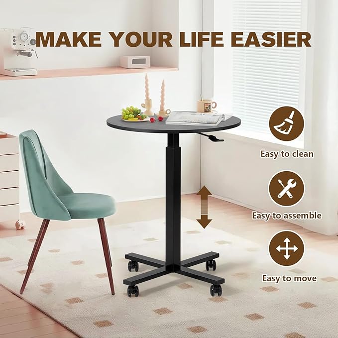 Round Cocktail Bar Table,Height-Adjustable Round Pub Table 23.8 Inches with Removable Wheel,Dual-Use for Kitchen, Coffee Bar, Pub, Office or Dining (Black), Set of 1