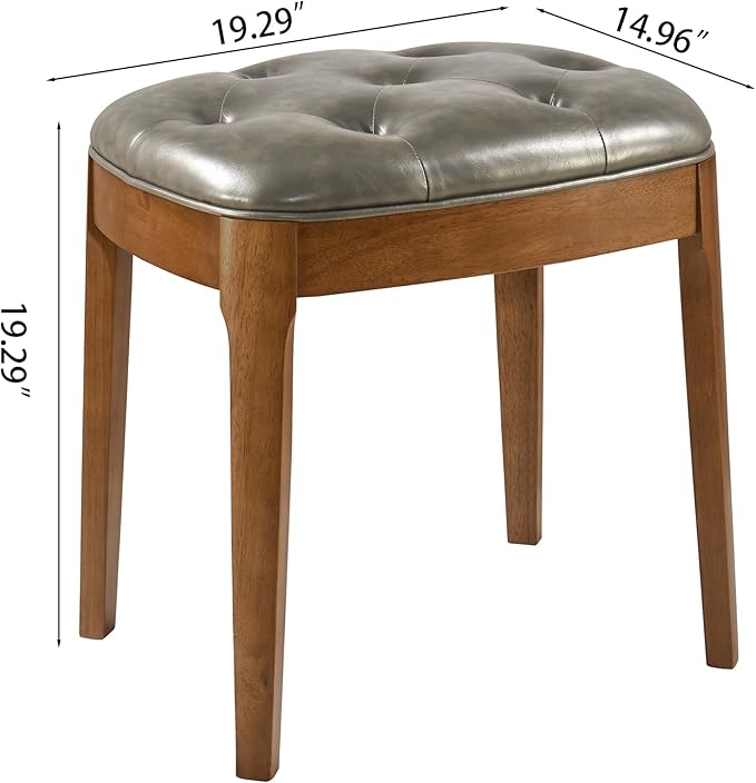 Solid Wood Button Tufted Vanity Stool, Ottoman with Wood Legs & Padded Seat PU Leather Upholstered Piano Bench with Non-Slip Foot Pads Accent Stool for Bedroom Entryway, Grey
