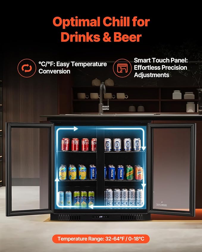 VEVOR Beverage Refrigerator Cooler, 246 Can Beverage Fridge, Soda Beer Fridge with Glass Doors, Adjustable Shelves, Digital Temperature Control, Built-in or Freestanding Fridge for Restaurant & Bar