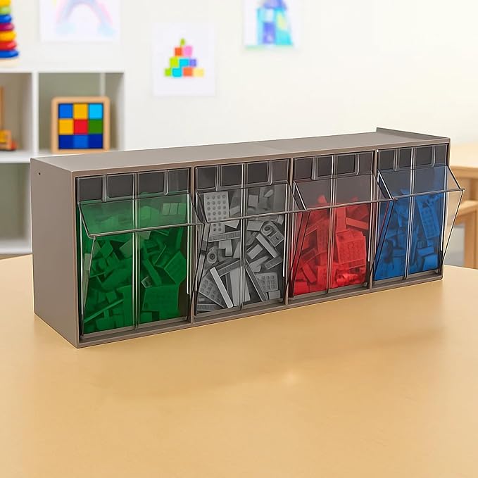 Akro-Mils TiltView Plastic Storage Cabinet with 4 Tilt Out Bins, Horizontal Plastic Parts Organizer, Teacher Toolbox, and Office Supply Organizer, 23-5/8" W x 8-3/16" H x 6-3/4" D, Mocha Raspberry