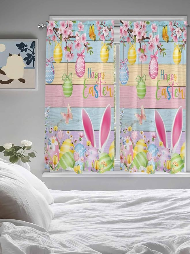 Colorful Easter Living Room Curtains 72 Inches length, Spring Watercolor Bunny