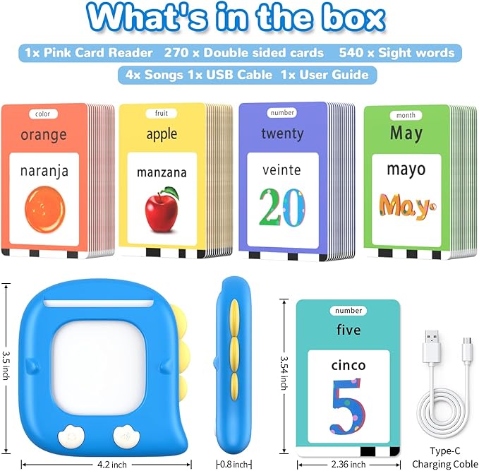 Kidzdo 520 Bilingual Spanish English Talking Flash Cards, Birthday Gifts Easter Present for 2 3 4 5 6 Year Old Boys and Girls, Pocket Speech Therapy Toys, Portable Toddlers Toys, Blue