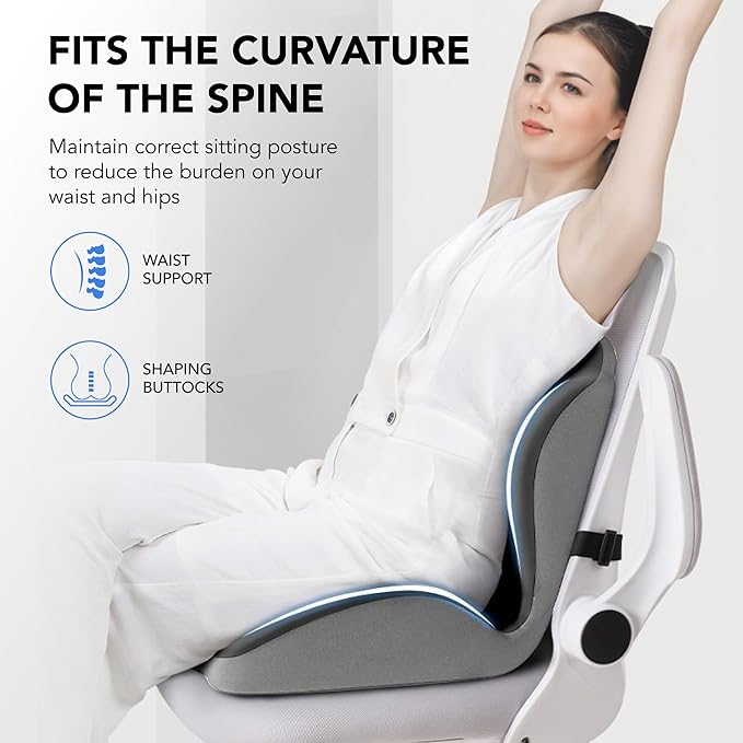 Ergonomic Waist Support and seat Cushion, 2-in-1 Memory Foam pad, Hollow Design for The Coccyx, Suitable for Office Chairs, car Safety Seats and Household use - relieves Lower Back and Hip Pain