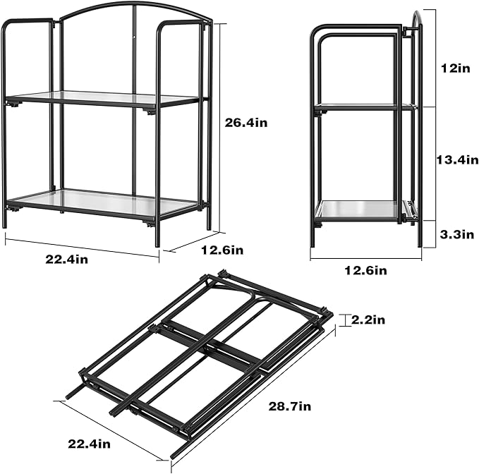 Crofy No Assembly Folding Bookshelf for Living Room, 2 Tier Black Collapsible Book Shelf for Home Office, Portable Bookcase Storage Organizer