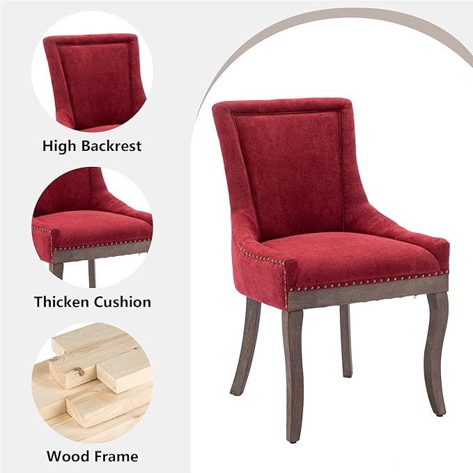 Farmhouse Dining Chairs Set of 6, Upholstered Fabric Dining Room Accent Chairs with Wood Legs & Bronze Nailhead, High Wingback Kitchen Chairs for Living Room Hotel Apartment, Burgundy