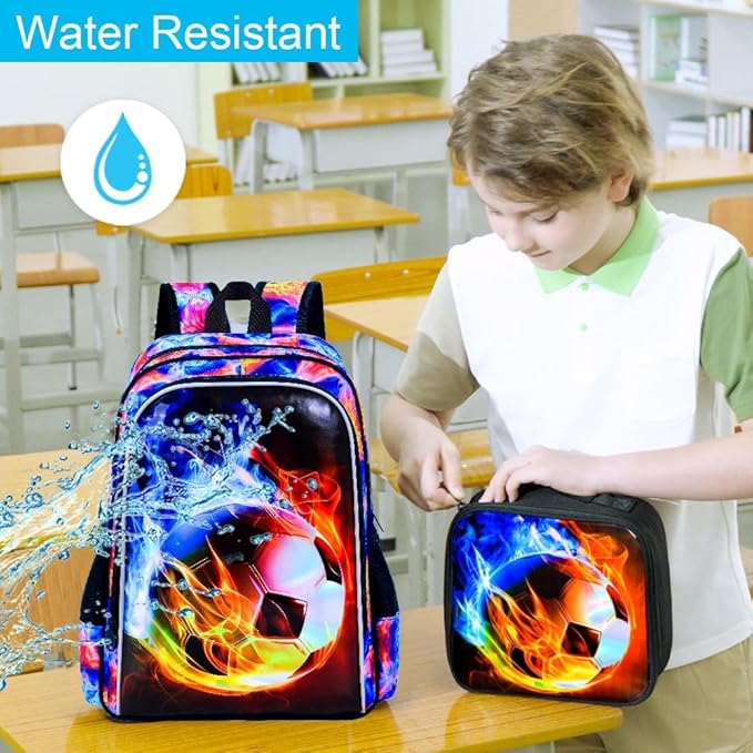 KLFVB 3PCS Kids Backpack, 17" Boys Football Bookbag and Lunch Box, Water Resistant Teenagers School Backpacks for Middle Elementary - Flame Soccer