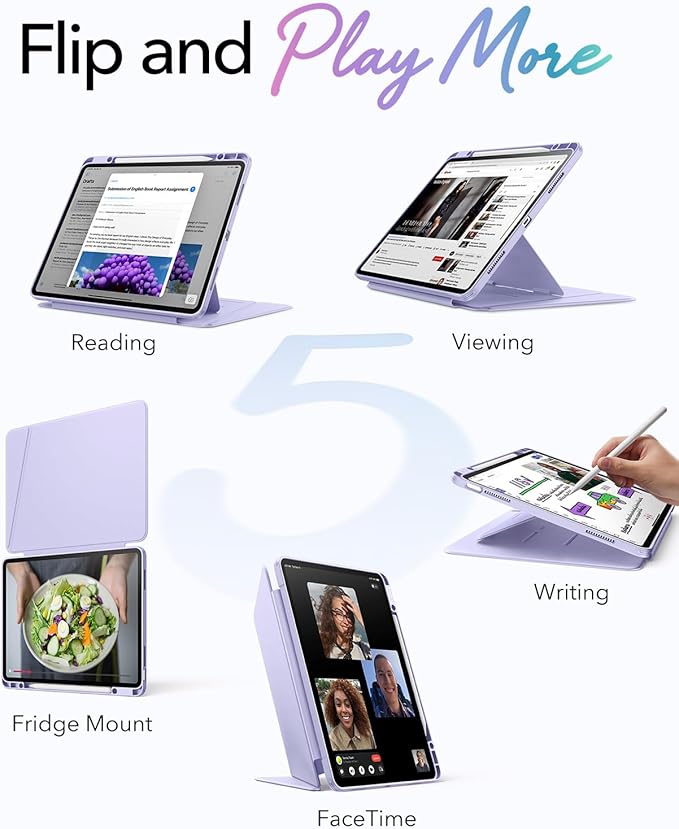 ESR for iPad Air 13 Inch Case M4/M3/M2 (2026/2025/2024), Vertical Stand Cover, Multi Stand Angles, Ultra-Stable Case with Pencil Holder, Flip Series, Light Purple