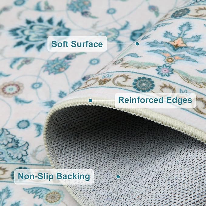 WILLSUN Washable Area Rugs, 6x9 Non-Slip Boho Large Area Rugs for Living Room, Bedroom, Machine Washable Vintage Rug, Indoor Floral Print Carpet for Home Decor, Kid & Pet Friendly Mat
