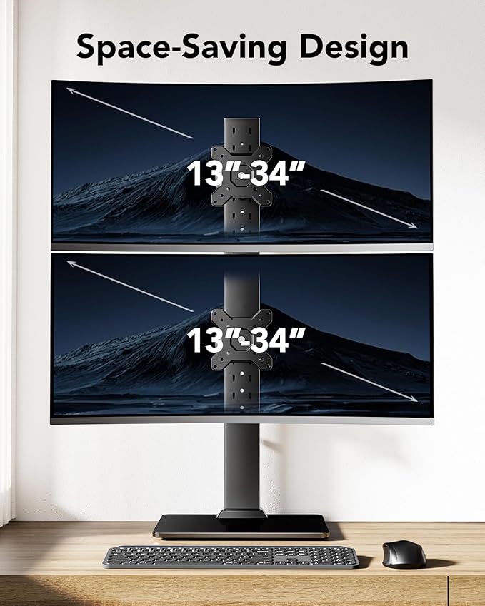 HUANUO Dual Monitor Stand for 13 to 34 Inch, Max Load 44 lbs, Vertical Monitor Mount, Freestanding Monitor Riser with Swivel, Tilt, Rotation, 13 Height Settings, Max VESA 100x100