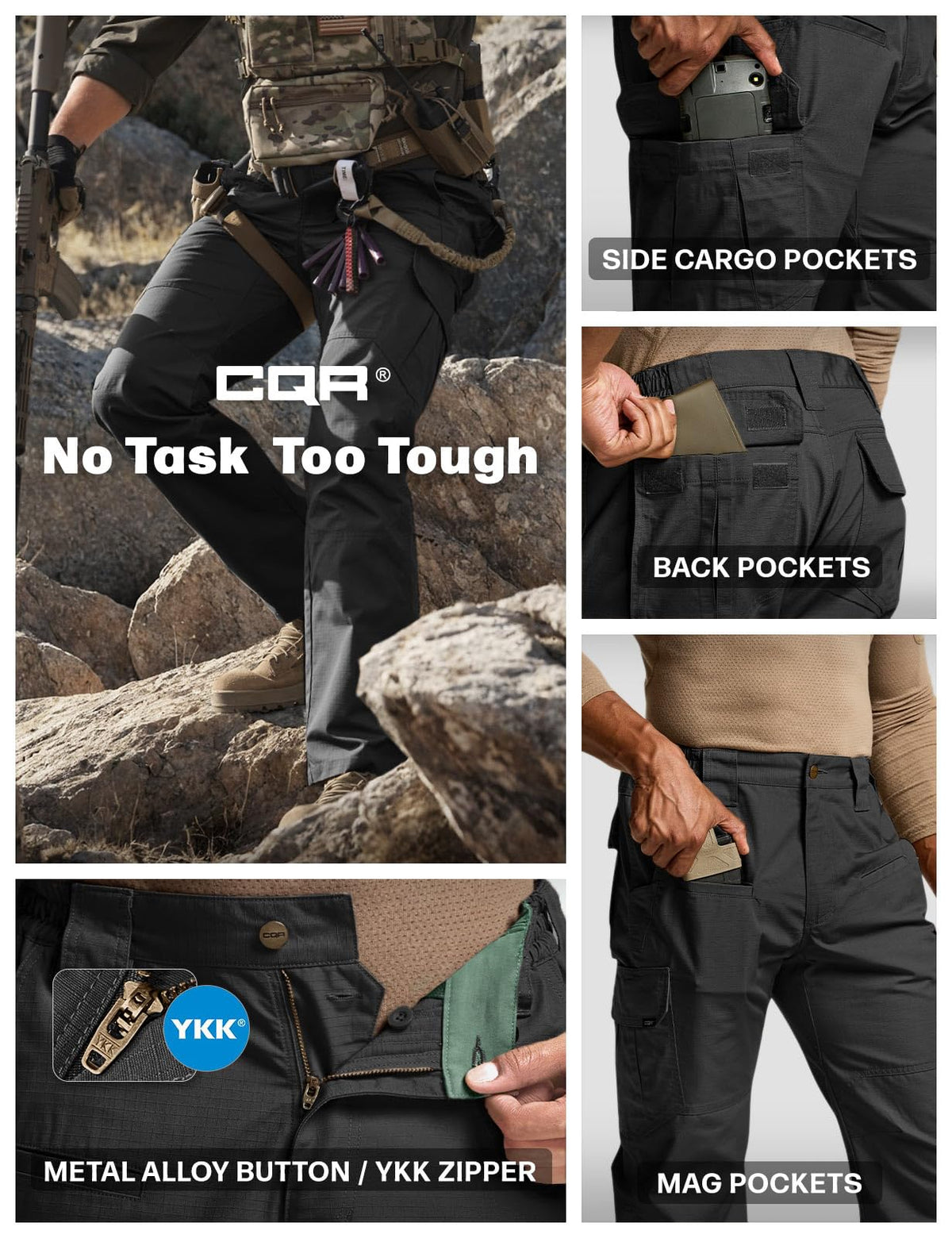 CQR Men's Tactical Pants, Water Resistant Ripstop Cargo Pants, Lightweight EDC Work Hiking Pants, Outdoor Apparel, Raider Black, 36W x 34L