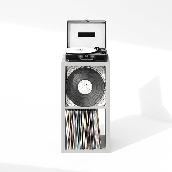 Furinno Cubicle Record Player Stand with Vinyl Storage, 2-Cube 1.2 Extra Thick Vinyl Record Storage, Open Back Media Shelf for CD DVD Blueray Game Disc, for Living Room, Home Office, Light Grey