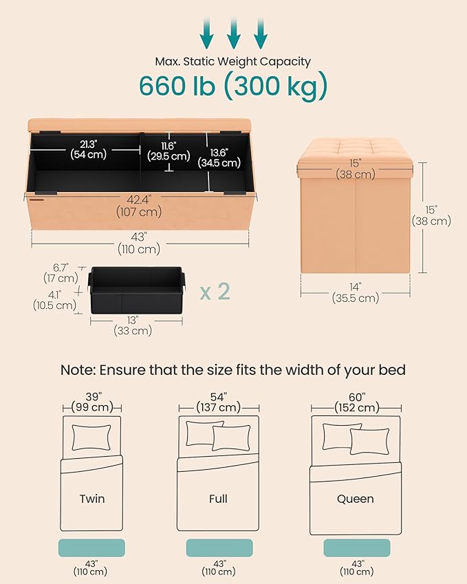 SONGMICS Mazie Collection - Storage Ottoman Bench, Foldable Foot Rest, 15 x 43 x 15 Inches, End of Bed Bench, Storage Chest, Load 660 lb, Living Room, Bedroom, Entryway, Apricot ULSF277O01