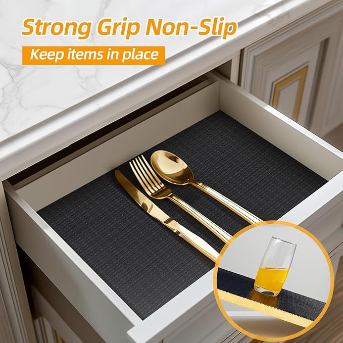 Shelf and Drawer Liner for Kitchen Cabinets Non-Adhesive, Strong Grip Non-Slip Thickened Cabinet Liners for Shelves, Waterproof Mats for Dresser Cupboard, Black, 12 in x 30 Feet