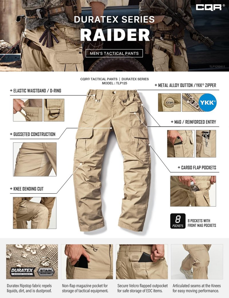 CQR Men's Tactical Pants, Water Resistant Ripstop Cargo Pants, Lightweight EDC Work Hiking Pants, Outdoor Apparel, Duratex Mag Pocket Khaki, 36W x 30L