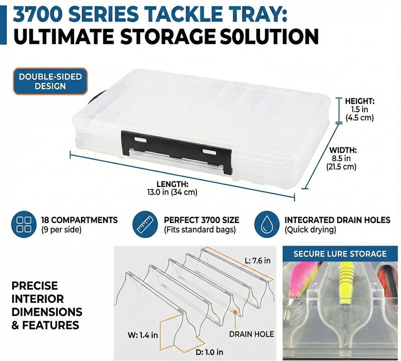 Fishing Lure Box Double-Sided: 3 Packs Large Saltwater Lure Storage Fishing Tackle Box for Crankbait Jerkbait Squid Jig Case Organizer - 18 Grids (Clear)